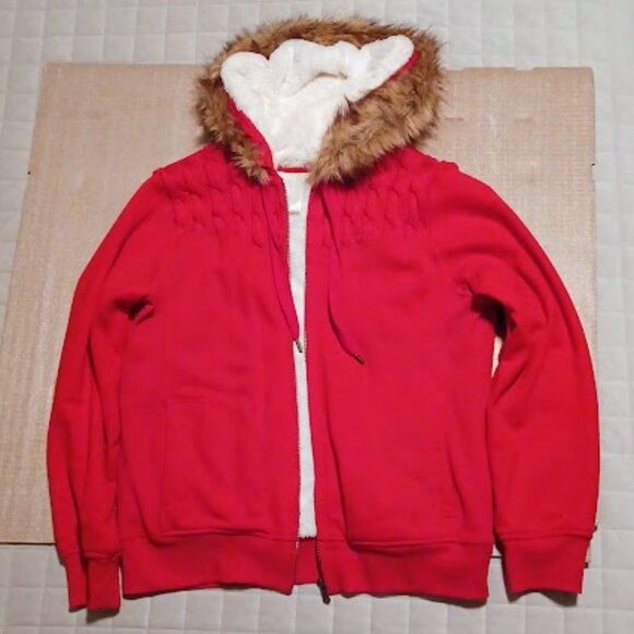 Green Tea Red jacket, size large w/removable fur trimmed hoodie & front zipper - Picture 10 of 15